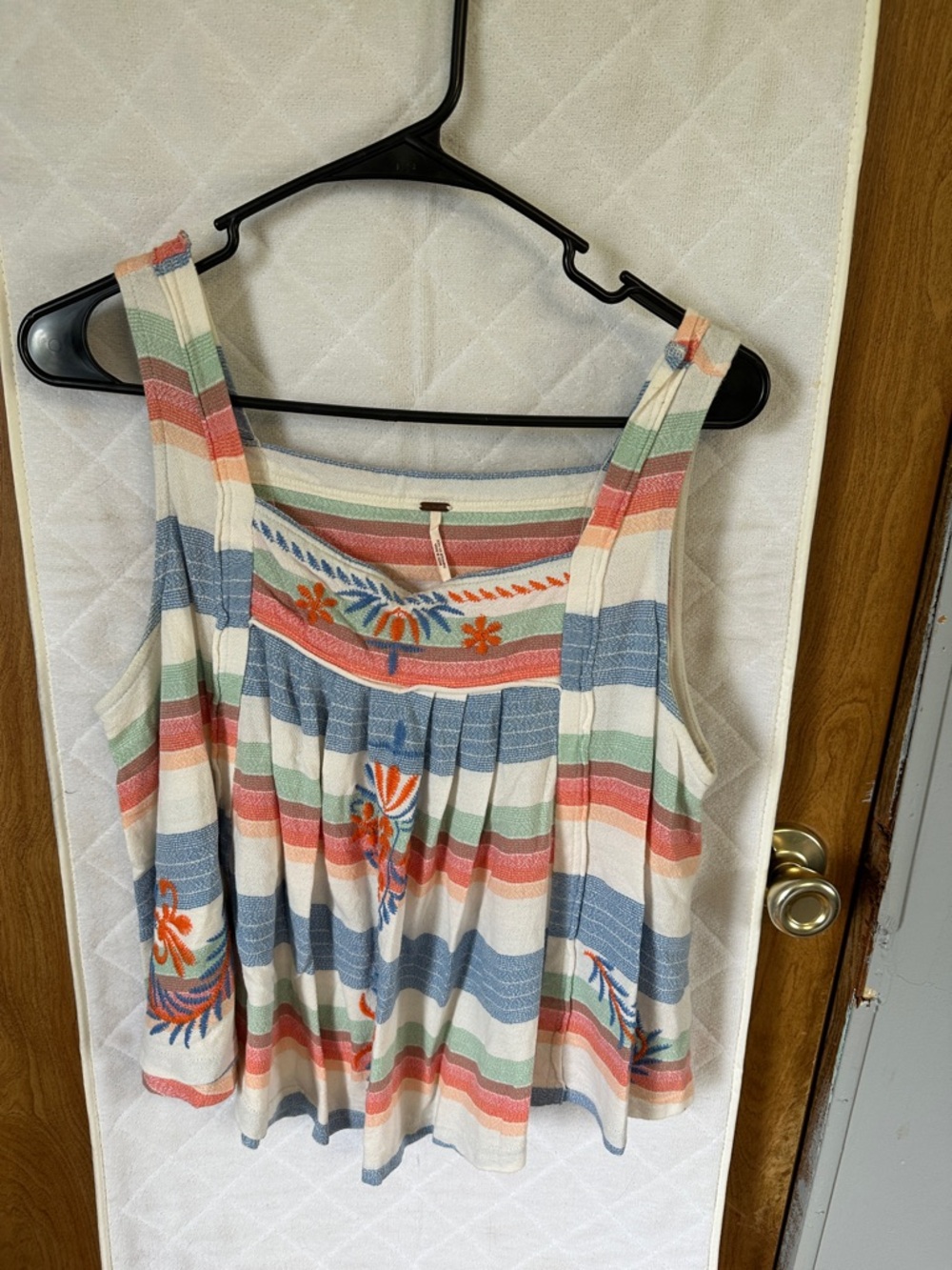 Free People Multicolor Striped Embroidered Tank Top - Blue, Coral, Green, Cream
